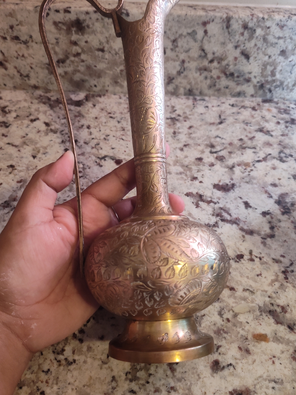 Engraved Brass Ewer Pitcher - Ornate Floral Design